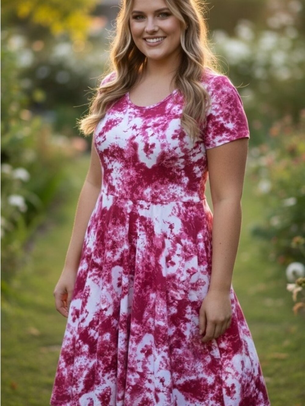 LuLaRoe Amelia Fit & Flare Dress Pink White Tie Dye Cotton Blend Stretch 3XL